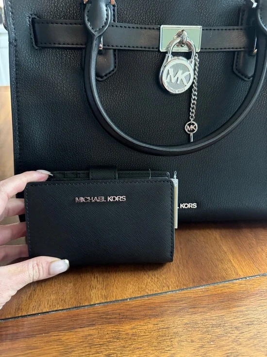 Michael Kors Black Leather Satchel Silver-Tone Charm and Matching Wallet New - Picture 6 of 11